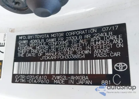 2017 Toyota Prius Prime Premium z USA, uszkodzony, nr VIN JTDKARFP0H3038854